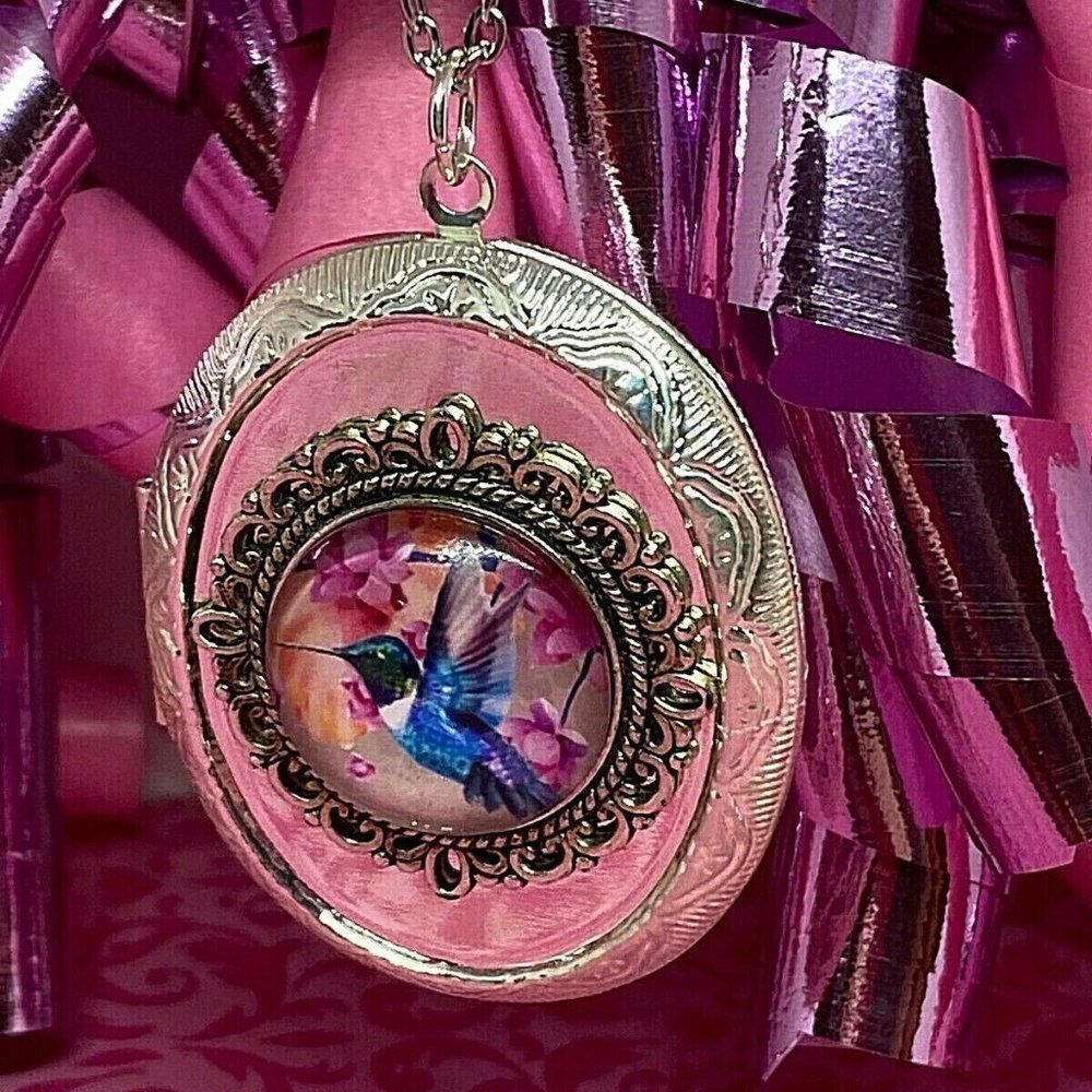 Hummingbird Locket Necklace Silver Pill box fancy - Picture 3 of 8